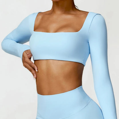 Women's Square Neck Long Sleeve Crop Top – Quick Dry Gym Sports Top