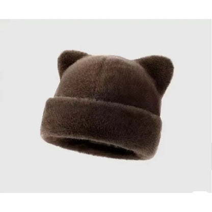 Plush Teddy Bear Beanie with Cat Ears – Cute Fluffy Winter Hat for Women