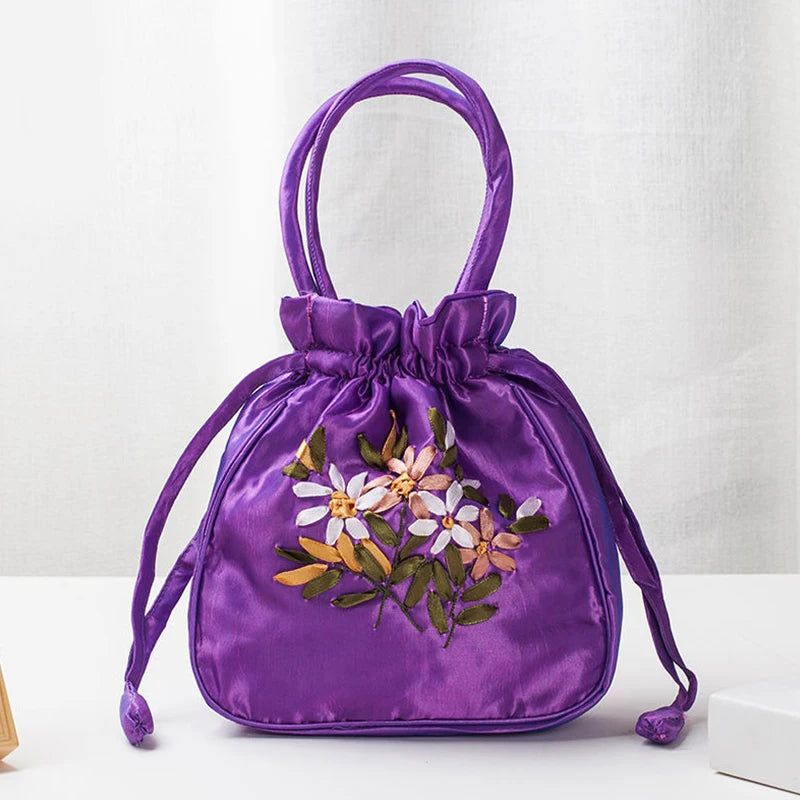 Women's Embroidered Bucket Bag – Floral Top Handle Purse