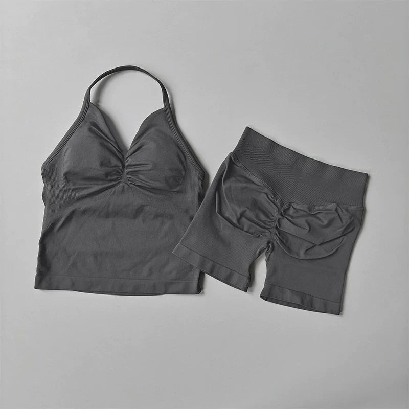Women's Strappy Backless Crop Top & Scrunch Shorts Set – Gym Yoga Activewear