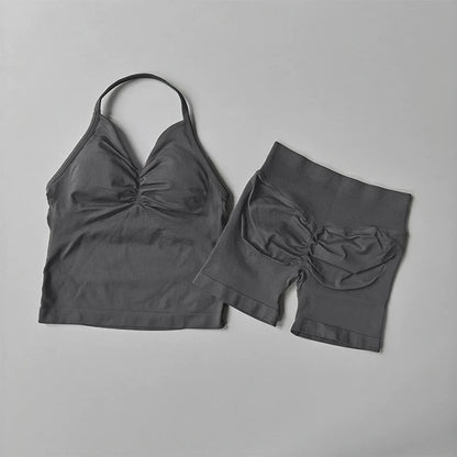 Women's Strappy Backless Crop Top & Scrunch Shorts Set – Gym Yoga Activewear