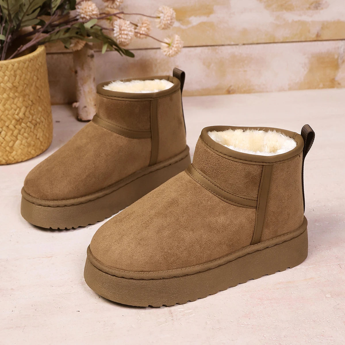 Women's Sheepskin Wool Snow Boots Warm Fur-Lined Platform Ankle Boots