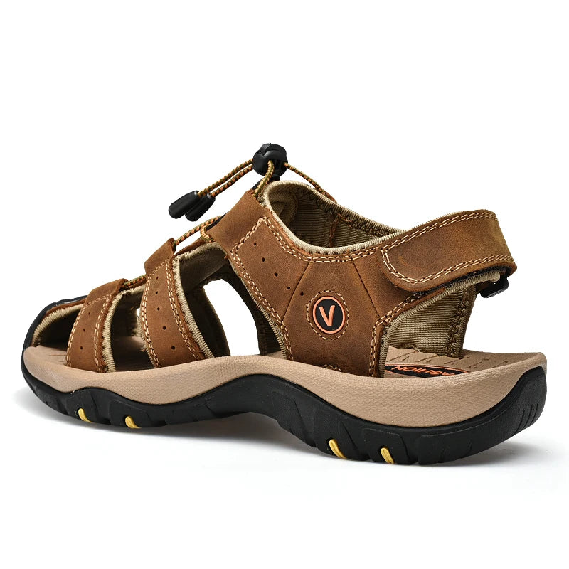 Men's Genuine Leather Outdoor Sandals – Closed Toe Beach Shoes
