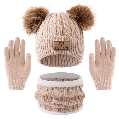 Kids Winter Hat Scarf Gloves Set – 3-Piece Knit Pom Pom Beanie