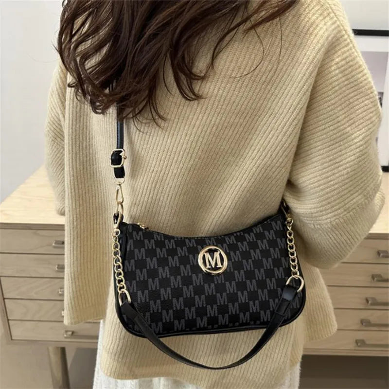 PU Leather Crossbody Bag with Gold Letter M – Women's Shoulder Handbag