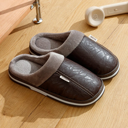 Big Size Winter Casual Men S Slippers Indoor Waterproof Pu Leather Home Shoes Fur Flat Warm Bedroom