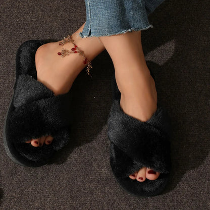Women Fluffy Slippers Cross Band Soft Plush Cozy House Shoes Furry Open Toe Indoor Outdoor Slip Warm