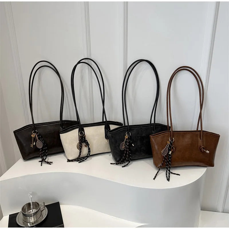 Large Capacity Tote Bag – Retro Leather Shoulder Handbag with Charm Pendant