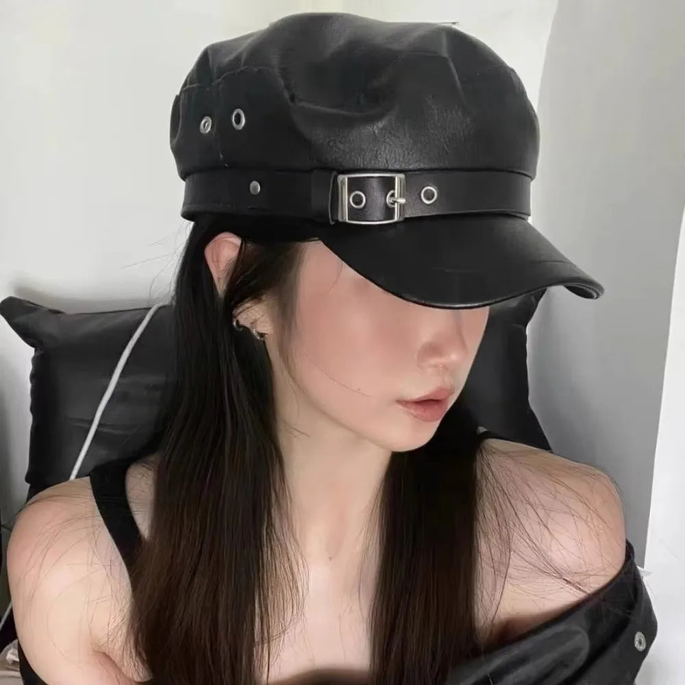 PU Leather Military Cap – Flat Top Sailor Beret with Chain Detail