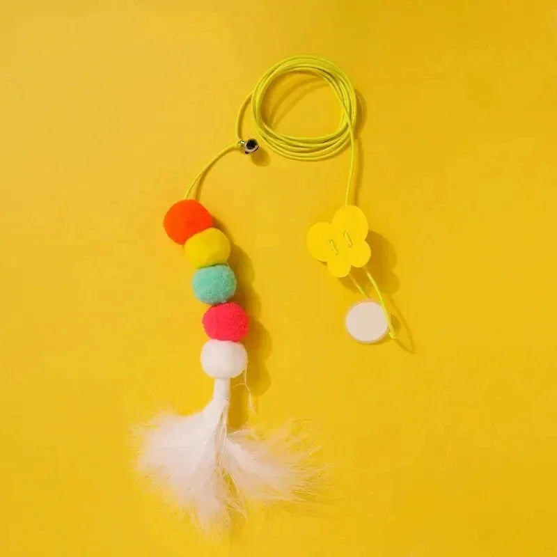 Feather Caterpillar Cat Toy – Retractable Rope with Colorful Pom-Poms