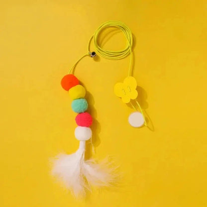 Feather Caterpillar Cat Toy – Retractable Rope with Colorful Pom-Poms