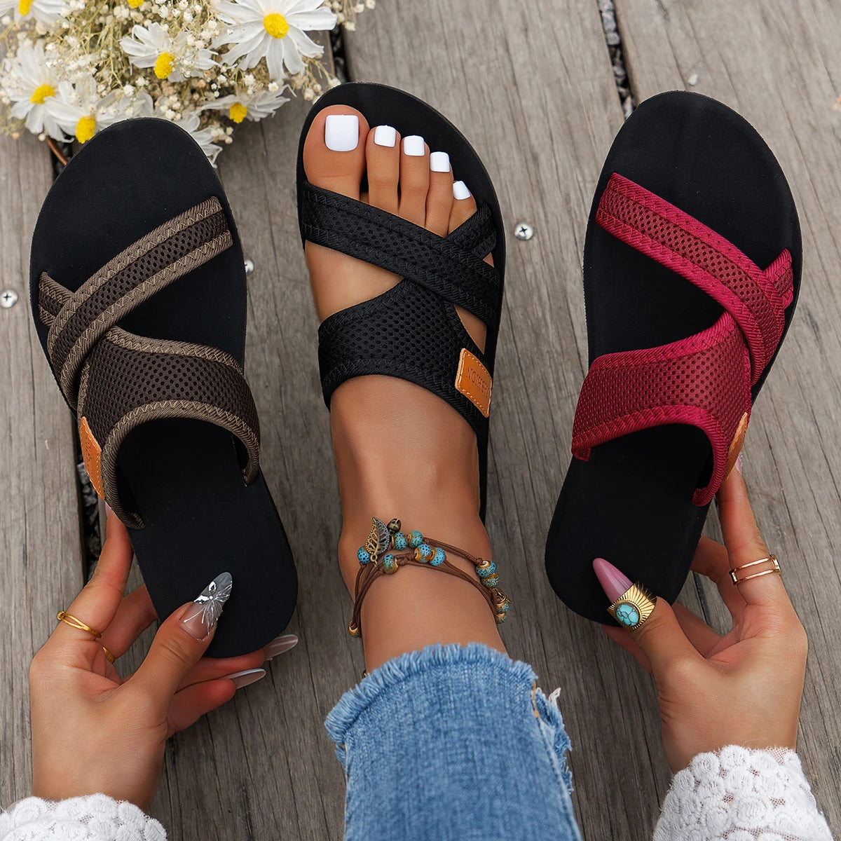 Women's Sport Sandals Casual Flat Cross-Strap Summer Slide