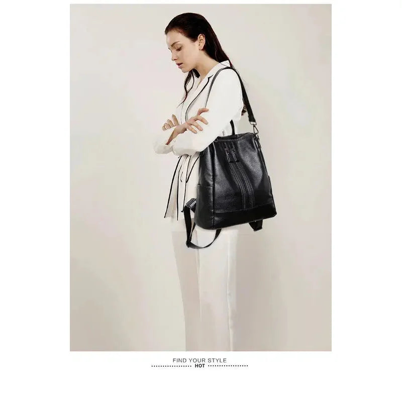 Women Leather Backpack – Black Convertible Shoulder Bag