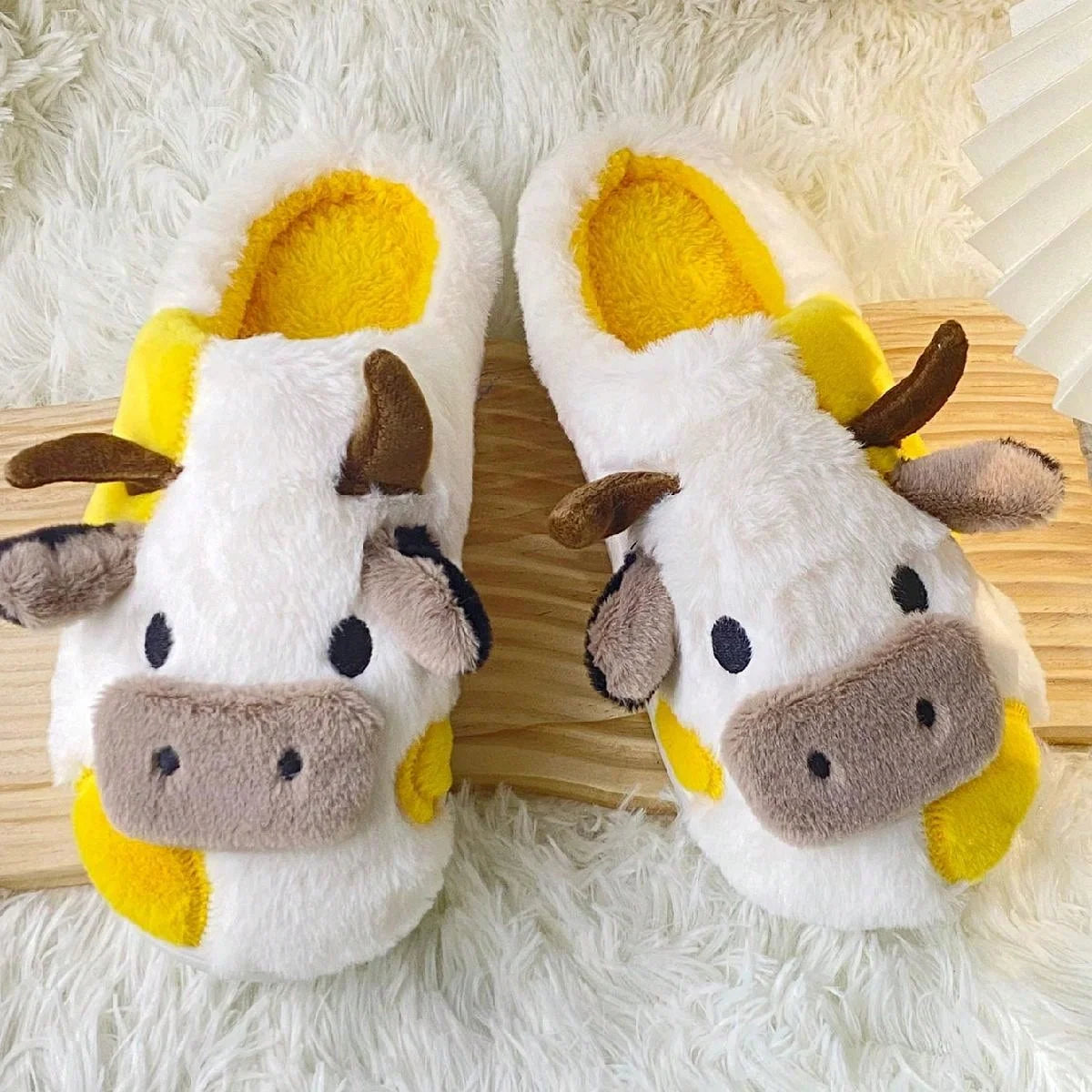 Cow Pattern Plush Slippers Winter Warm Non-Slip Cozy Cute Home Couples Men
