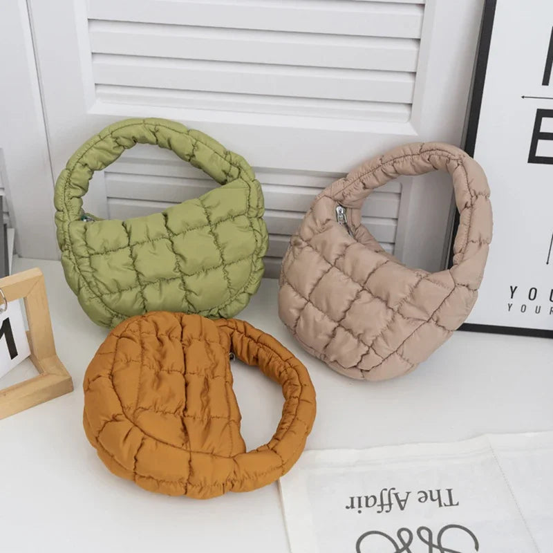 Candy Bag Mini Puffer Tote Quilted Circle Phone Purse Elegant Soft Nylon Padded Key Pouch Simple