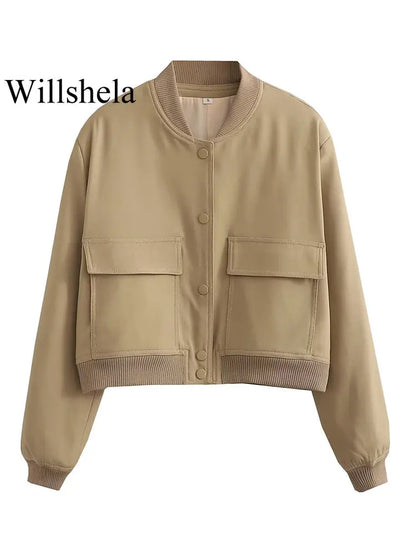 Women's Bomber Jacket – Solid V-Neck Single Breasted Coat with Pockets
