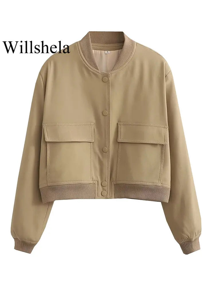Women's Cropped Bomber Jacket with Pockets – Single Breasted
