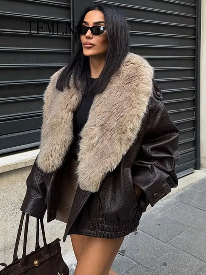 Faux Leather Jacket Women – Oversized Winter Coat with Detachable Fur Collar