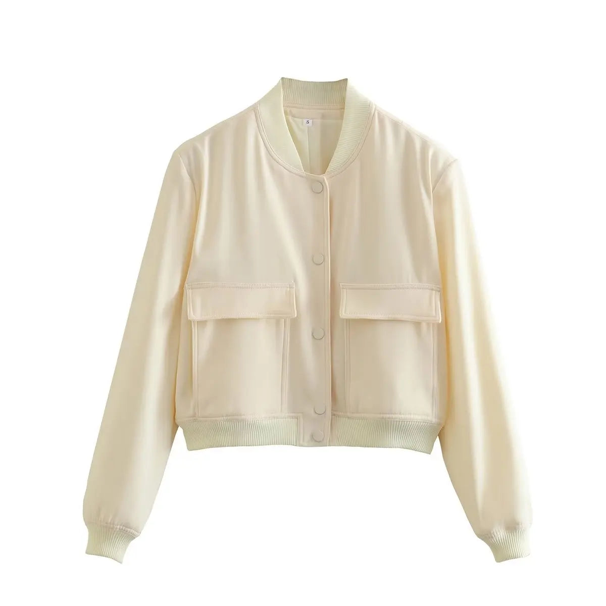 Women's Bomber Jacket – Solid V-Neck Single Breasted Coat with Pockets