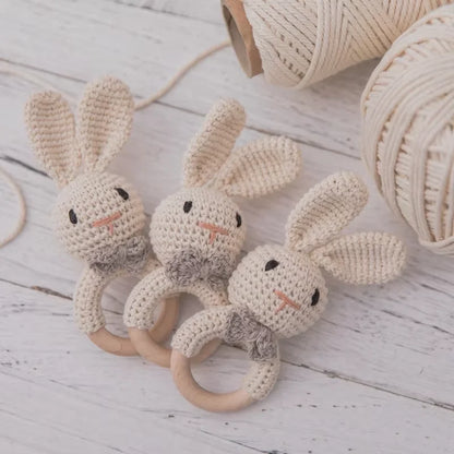 Baby Crochet Rattle & Wooden Teether Toy – BPA-Free Animal Ring