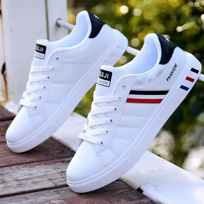 Men's White Casual Sneakers – Lightweight PU Leather Lace-Up Shoes