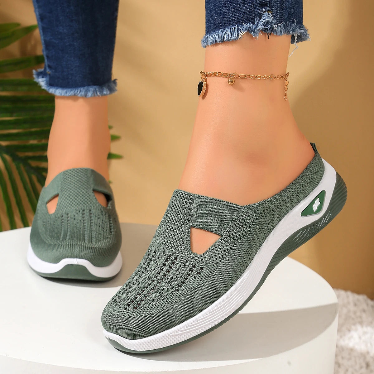 Women's Slip-On Knit Mule Sneakers – Breathable Air Cushion Slippers