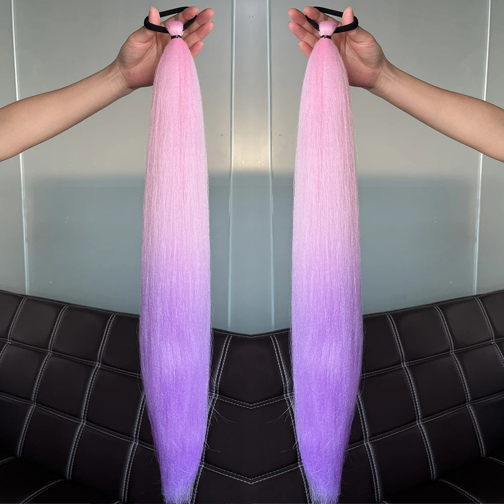 Synthetic Colorful Ponytail Extension 2pcs Long Straight Diy Braided Pony Tail Hairpiece Rubber Band