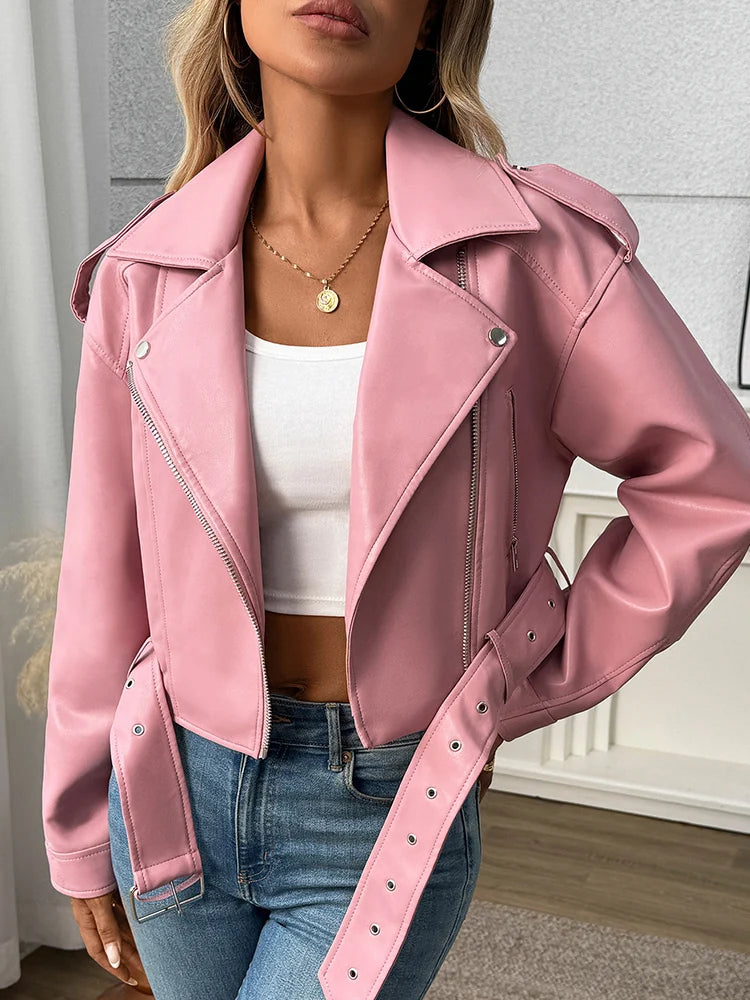 Women's Faux Leather Moto Jacket with Belt – Short Biker Style