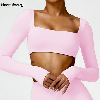 Women's Square Neck Long Sleeve Crop Top – Quick Dry Gym Sports Top