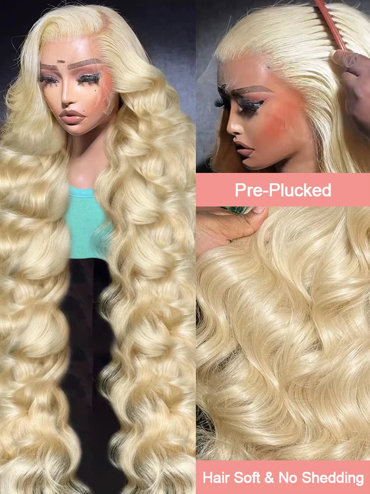 42 Inches 613 Honey Blonde 13x6 Hd Transparen Body Wave Lace Frontal Human Hair Wig Colored Front