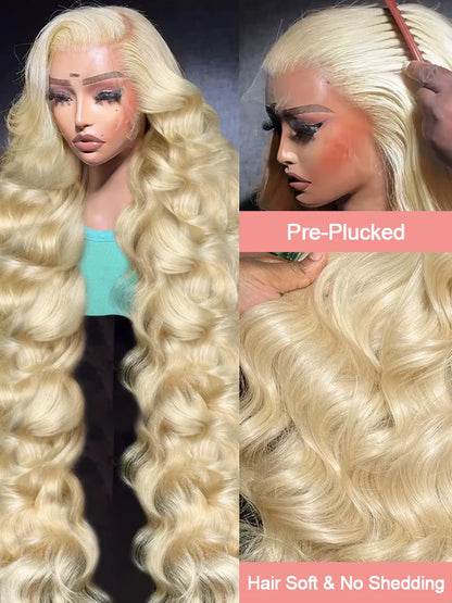 42 Inches 613 Honey Blonde 13x6 Hd Transparen Body Wave Lace Frontal Human Hair Wig Colored Front