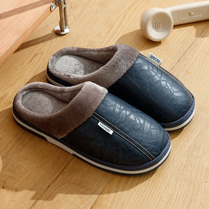 Big Size Winter Casual Men S Slippers Indoor Waterproof Pu Leather Home Shoes Fur Flat Warm Bedroom