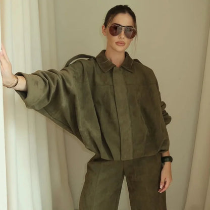 Women's Cropped Suede Bomber Jacket – Lapel Zip Racing Coat