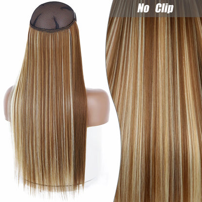 No Clips Natural Hair Extension Synthatic Artificial Long Straight Hairpiece Blonde Black Mixed