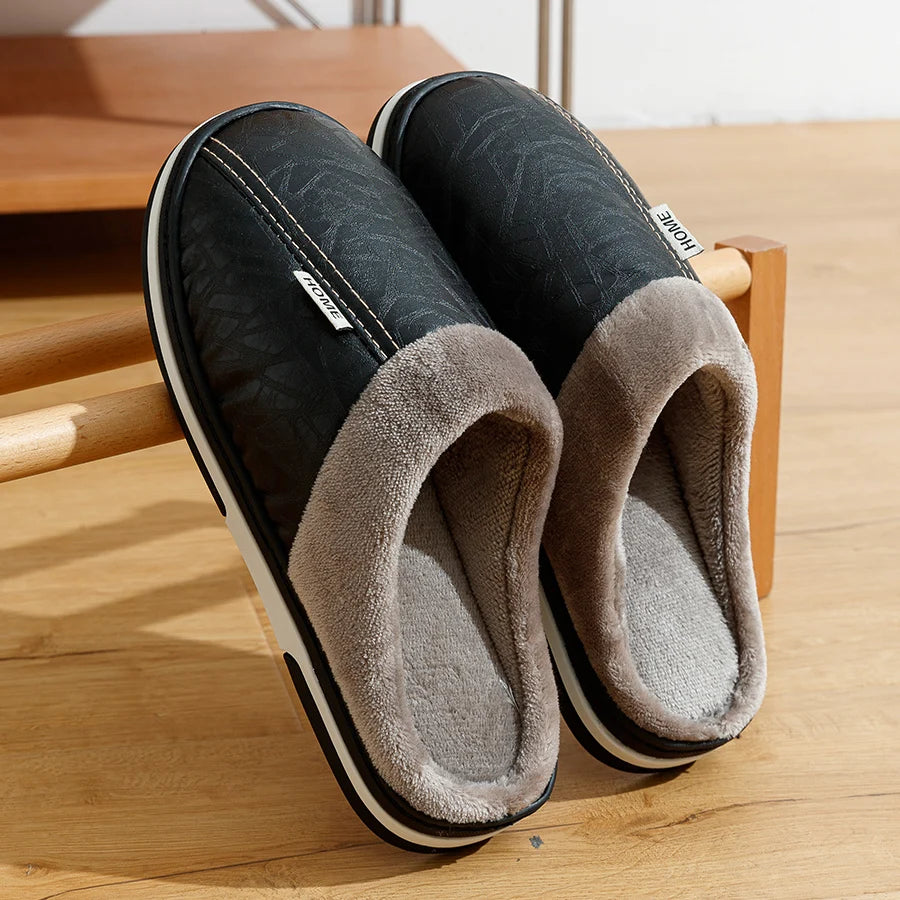 Big Size Winter Casual Men S Slippers Indoor Waterproof Pu Leather Home Shoes Fur Flat Warm Bedroom