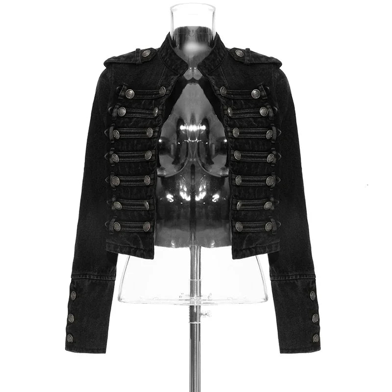 Military Double-Breasted Denim Jacket Women
