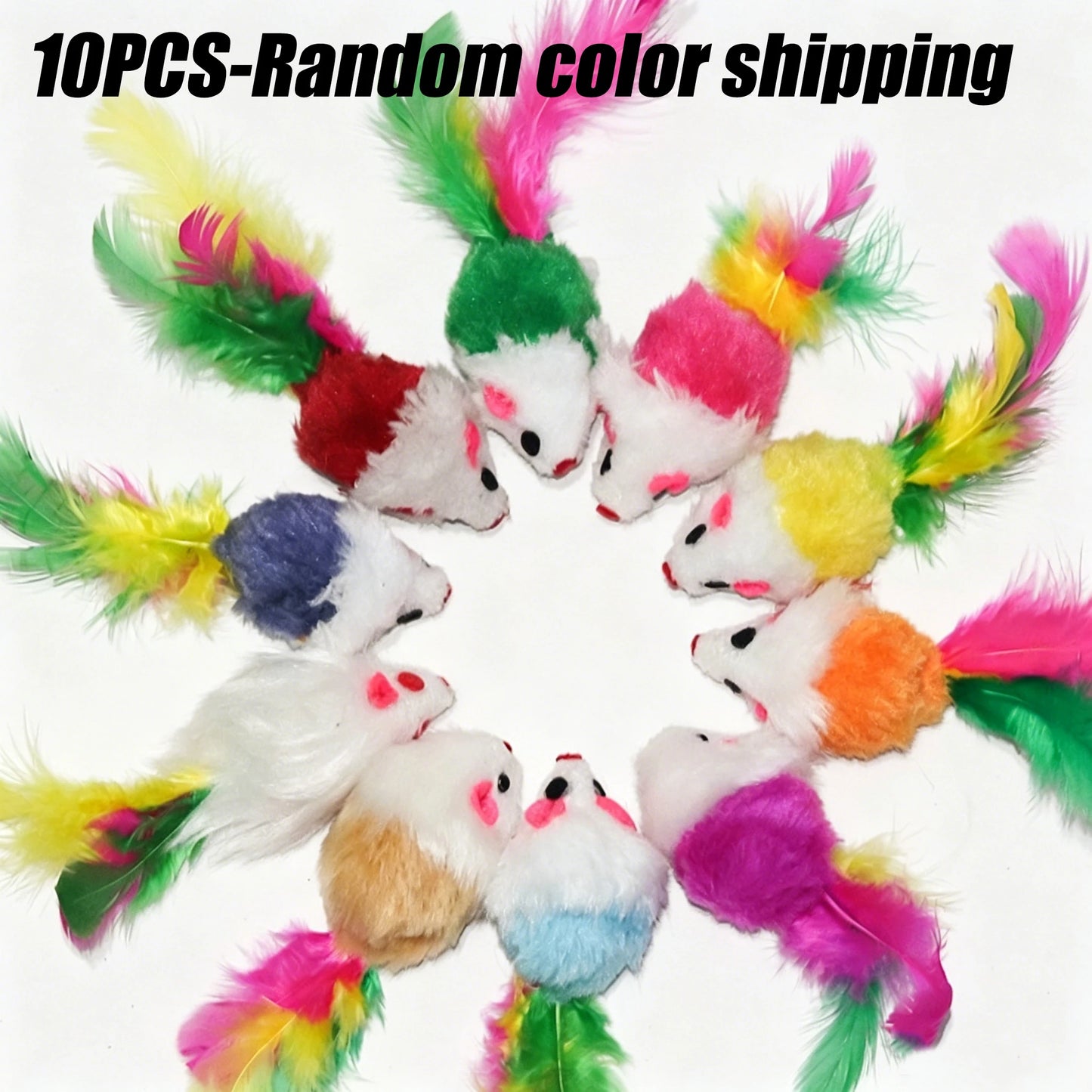 Plush Mouse Cat Toys with Colorful Feather Tails – Squeaky Mice for Indoor Cats