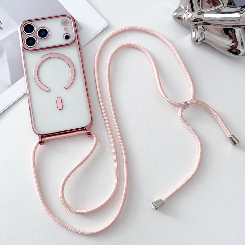 Luxury Necklace Cord Rope Lanyard Plating Magnetic Clear Phone Case Iphone 17 16 14 11 12 13 15 Pro
