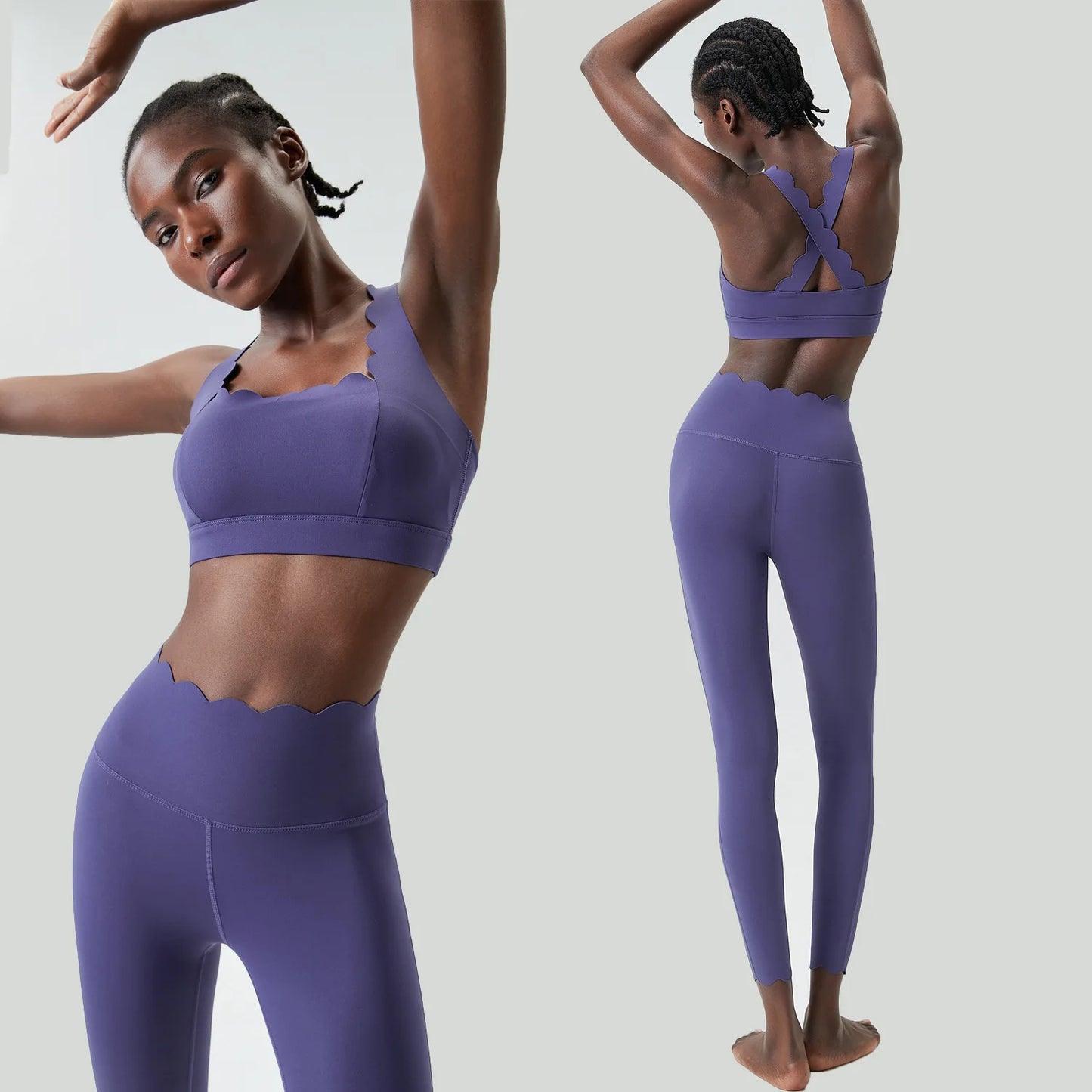 Women's 2-Piece Yoga Set – Scallop Sports Bra & High-Waist Leggings