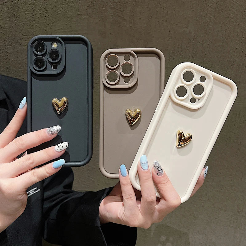 3d Gold Heart Silicone Soft Phone Case Iphone 15 14 13 12 11 16 17 Pro Max Xs Xr 7 8 Plus Se