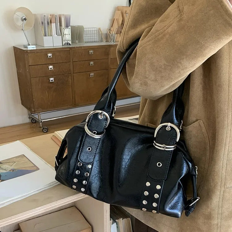 Rivet PU Leather Motorcycle Shoulder Bag – Women's Large Underarm Handbag