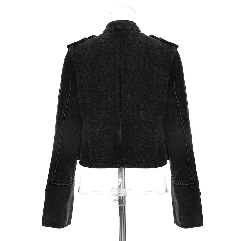 Military Double-Breasted Denim Jacket Women
