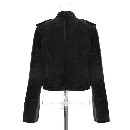 Military Double-Breasted Denim Jacket Women