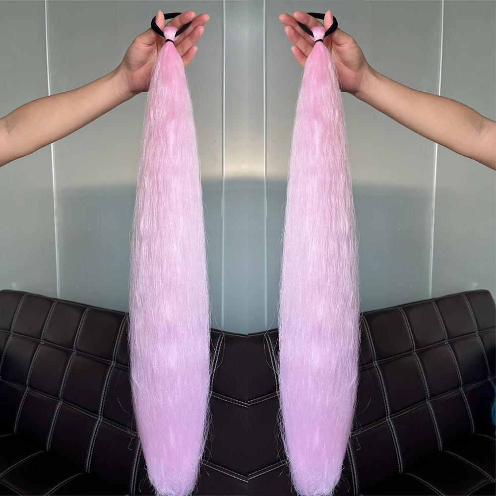 Synthetic Colorful Ponytail Extension 2pcs Long Straight Diy Braided Pony Tail Hairpiece Rubber Band