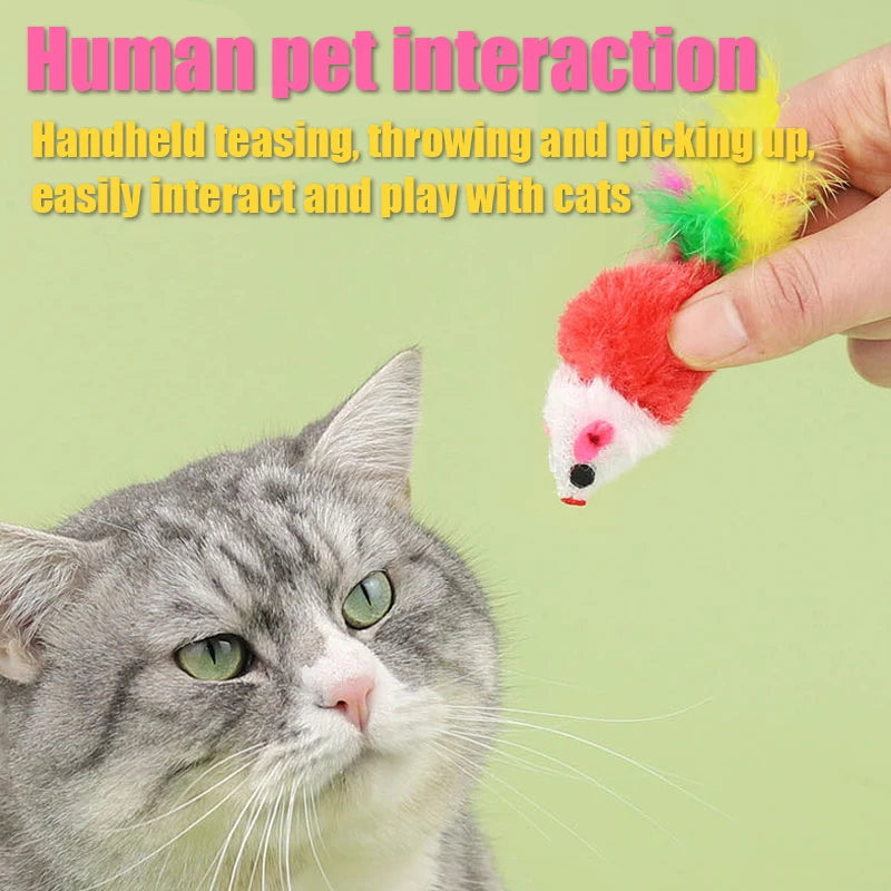 Plush Mouse Cat Toys with Colorful Feather Tails – Squeaky Mice for Indoor Cats