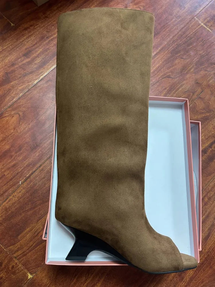Women's Peep Toe Knee-High Boots with Slant Wedge Heel