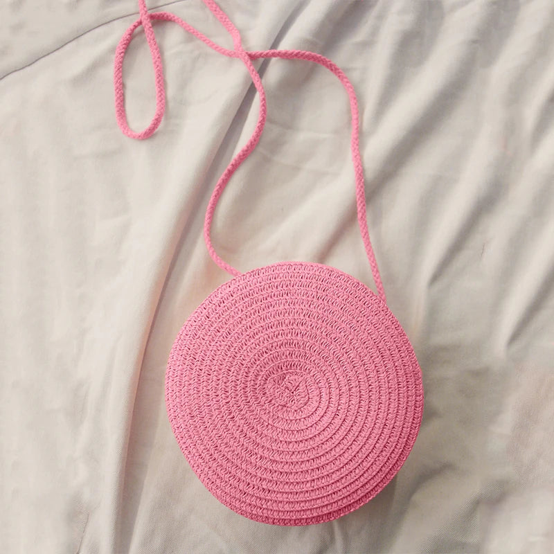 Round Straw Crossbody Bag – Handwoven Rattan Beach Bag for Women