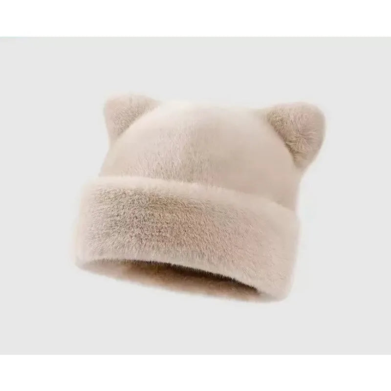 Plush Teddy Bear Beanie with Cat Ears – Cute Fluffy Winter Hat for Women