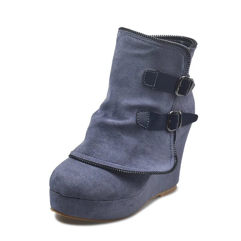 Women's Wedge Ankle Boots Retro Buckle Platform Chunky Heel Zip-Up