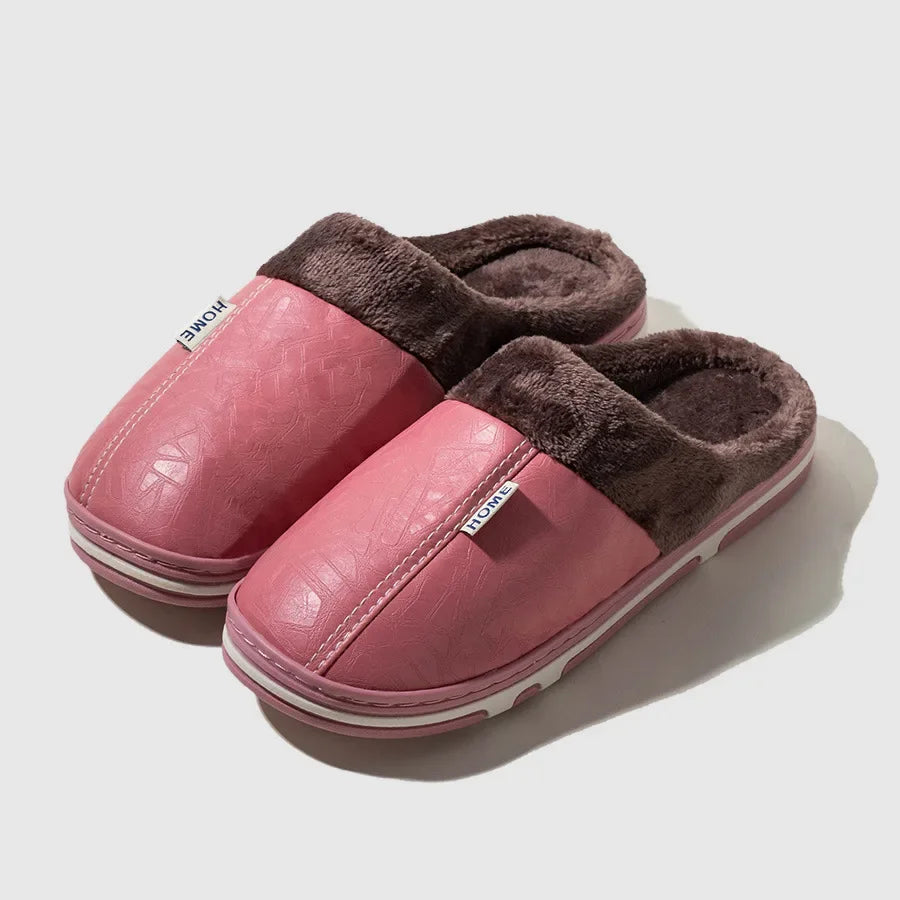 Pu Leather Plus Size Women S Slippers Indoor Waterproof Fur Flat Shoes Men Winter Home Cotton